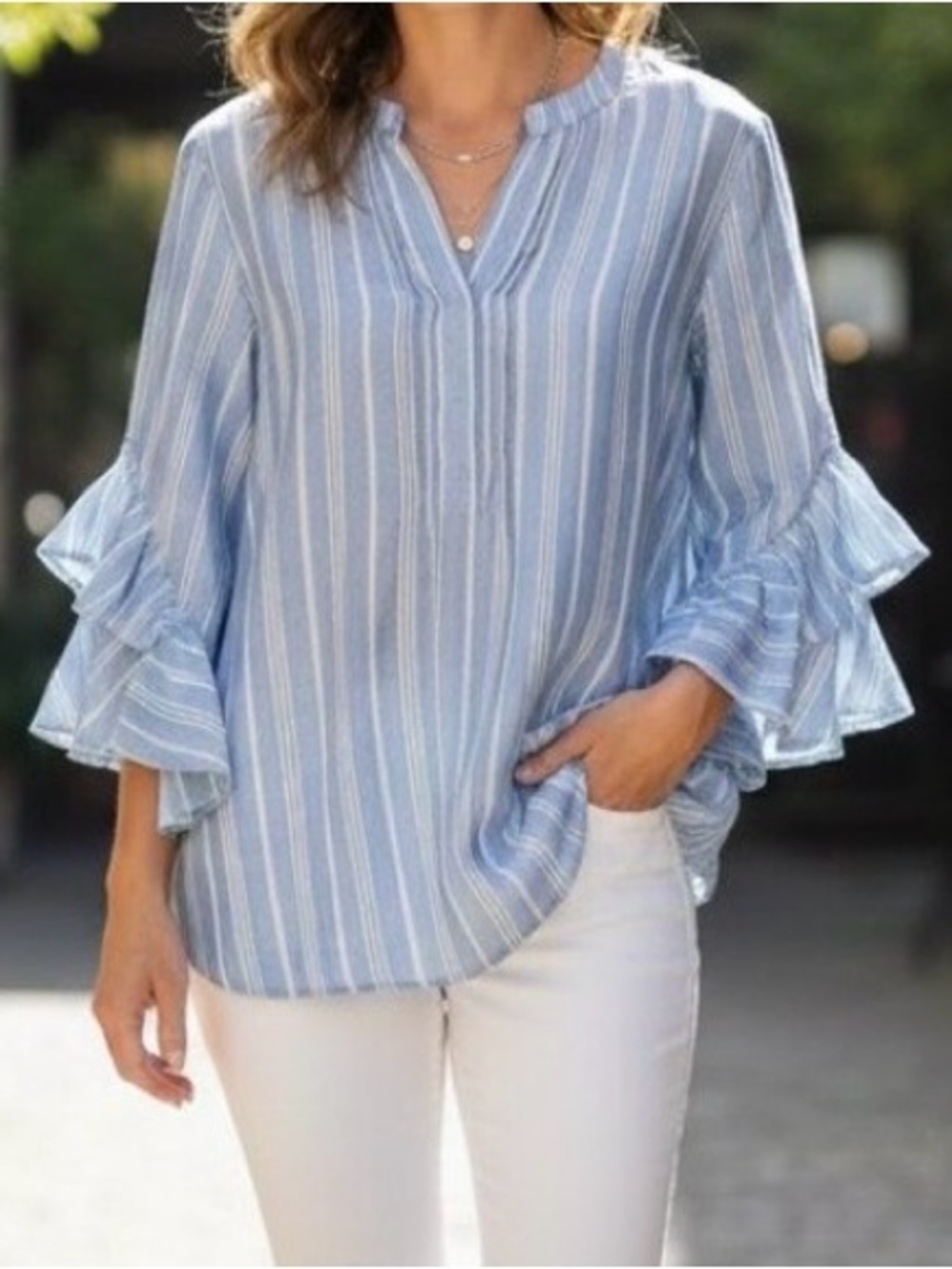 Vince Camuto Light Blue & White Striped Ruffle Sleeve Blouse